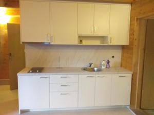 a kitchen with white cabinets and a sink at Una holiday house in Bihać