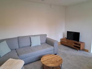 sala de estar con sofá y TV de pantalla plana en Haus Gerda - Ferienwohnung 1, en Arnbruck