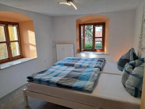 1 dormitorio con 1 cama y 2 ventanas en Haus Gerda - Ferienwohnung 1, en Arnbruck