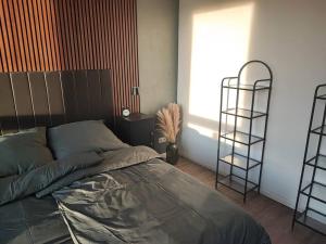 1 dormitorio con cama y estante para libros en Modernes Juwel in Hagen City, en Hagen