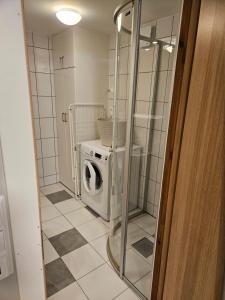 a laundry room with a washer and dryer at Leilighet nær flyplass og Ålesund sentrum in Ytterland