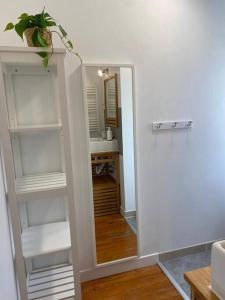 ein Bad mit einem Spiegel und ein Zimmer mit einem Waschbecken in der Unterkunft Gîte de La baleine in Luc-sur-Mer