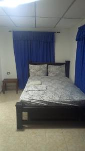 a bed in a room with a blue curtain at hotel casa del conductor doña silvia in Cartagena de Indias