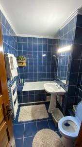 a blue tiled bathroom with a toilet and a sink at Apartament doua camere in Baia Mare