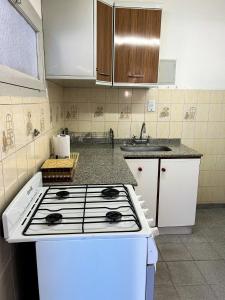 una cucina con piano cottura bianco e forno a legna. di El Ocaso Villa Giardino a Villa Giardino