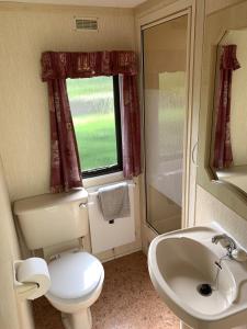 a bathroom with a toilet and a sink and a window at Sandpiper Caravan in Onich