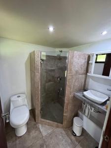 uma casa de banho com um chuveiro, um WC e um lavatório. em Casita de montaña em Alto de los Chantos