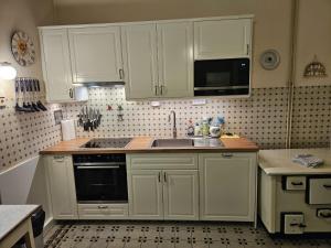 a kitchen with white cabinets and a sink and a microwave at Villa Waldheimat in Unter Adlitzgraben