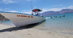 a boat sitting on the shore of a beach at Costa del Sol Hotel & Sportfishing in Bahía de los Ángeles