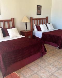 Una habitación de hotel con dos camas y una lámpara. en Costa del Sol Hotel & Sportfishing, en Bahía de los Ángeles