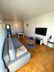 a living room with a couch and a flat screen tv at Le 5ème Ciel - Appartement jusqu'à 6 pers in Le Mans
