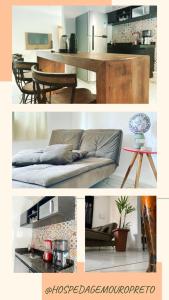 a collage of photos of a kitchen and a living room at Apartamento para temporada HospedagemOuroPreto202 in Ouro Preto