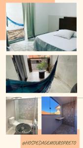 a collage of two pictures of a bedroom and a hammock at Apartamento para temporada HospedagemOuroPreto202 in Ouro Preto