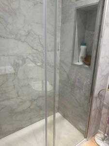 een badkamer met een douche en een glazen deur bij Apartamento Centro de Valladolid CB in Valladolid