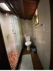 a small bathroom with a toilet and a rug at Chalé Ouro Verde in Angra dos Reis