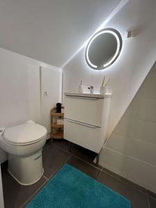 uma casa de banho com um WC branco e um espelho. em Le Concon Versaillais, à 5 minutes du Château de Versailles em Le Chesnay