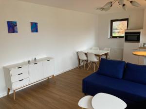 ein Wohnzimmer mit einem blauen Sofa und einem Tisch in der Unterkunft Apartment Henri in Schönwald