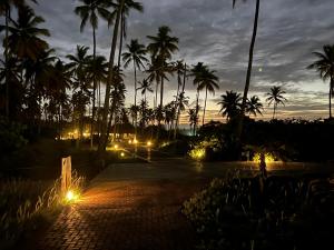 a parking lot with palm trees and lights at night at Condominio reserva imbassai in Mata de Sao Joao