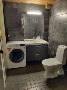 a bathroom with a washing machine and a toilet at Gold Digger's Timber in Inari