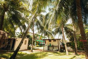 a small house with palm trees in front of it at Indiana Kite school and Hostel in Cumbuco