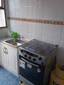 uma cozinha com um fogão e um lavatório em Cabañas doña carmen em Punta de Choros