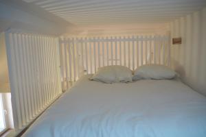 1 dormitorio con 1 cama blanca y 2 almohadas en Les baleines - hypercentre 2 chambres avec garage et clim - air conditioning, en Grenoble