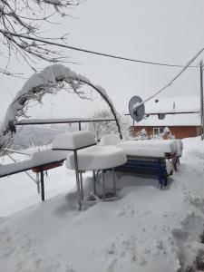 un grupo de mesas de picnic cubiertas de nieve en Pensiunea K9, en Răchiţele