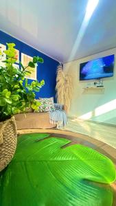 uma sala de estar com um sofá e um tapete verde em Los Kioscos Coveñas-Tolu em Coveñas
