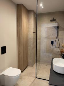 uma casa de banho com um chuveiro, um WC e um lavatório. em Apartament Uzdrowiskowa I Prestige em Szczyrk
