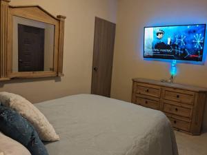 een slaapkamer met een bed en een flatscreen-tv bij Casita Bambú cerca del aeropuerto SJD in San José del Cabo