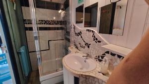 ein Bad mit einem WC, einem Waschbecken und einer Dusche in der Unterkunft La Maison Mosaic Medoc - Gîtes in Gaillan-en-Médoc