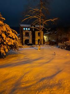 a snow covered yard with a tree and a building at Gîte La Vieille Ferme Chaudfontaine in Chaudfontaine