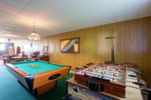 a room with a pool table in the middle of it at Les chalets labbé in Saint-François