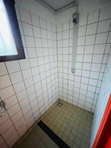 een badkamer met een betegelde douche en een raam bij Gîte de Painfaut pour 12 personnes in Avessac