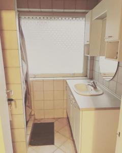 een kleine badkamer met een wastafel en een raam bij Lejlighed med tagterrasse, have og pool. in Vipperød
