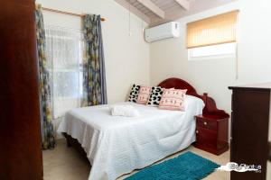 a bedroom with a bed with pillows and a window at Serendipity in The Villages in Christ Church