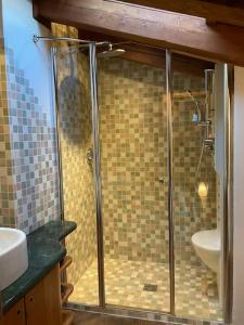 y baño con ducha de cristal y lavabo. en Mansarda nel centro di Cortina, en Cortina dʼAmpezzo