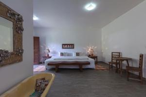 a bedroom with a bed and a mirror and a tub at Resort Fazenda 3 Pinheiros in Engenheiro Passos