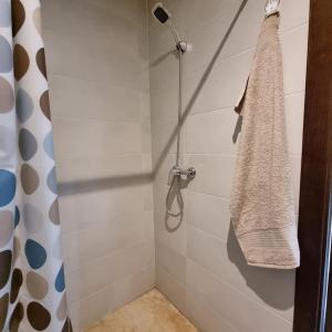 a bathroom with a shower with a towel on a rack at Luxury Appartement Guesshouse in Tangier