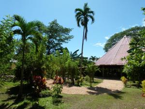 a garden with a palm tree and a building at Jardines del Golfo in Lepanto