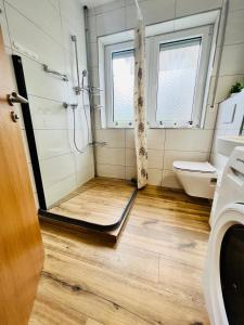 a bathroom with a shower and a toilet at Auszeit Niedersfeld in Winterberg