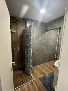 a shower with a glass door in a bathroom at Cute and Cozy in Pale