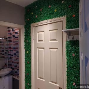 a green wall with a door in a bathroom at Charming Pheonix Parkside Flat in Dublin