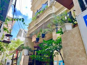 a building with potted plants on the side of it at An Thai Homestay Hue in Hue