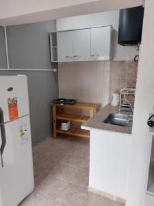 Una pequeña cocina con fregadero y refrigerador. en El Descanso, en Villa Unión 1 foto más