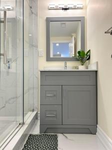 La salle de bains est pourvue d'un lavabo et d'un miroir. dans l'établissement BRAND NEW lower home with EXCLUSIVE Bathroom, à Toronto