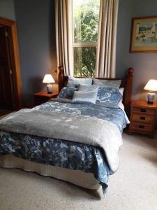 a bed in a bedroom with a window and two lamps at Belvedere Bed & Breakfast in Winton