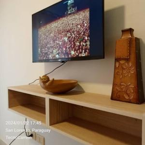 a television on a wall with a bowl on a shelf at Departamento en San Lorenzo in San Lorenzo