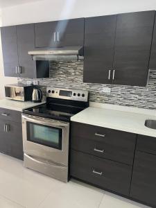 a kitchen with stainless steel appliances and black cabinets at Beach access apartment in Portmore