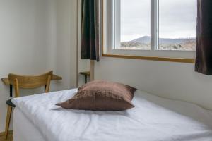 a bed with a pillow on it in a room with a window at Vogahraun 4 in Myvatn